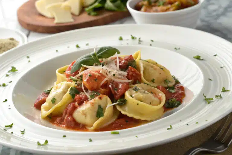 one pan tortellini dinner featured dish plated