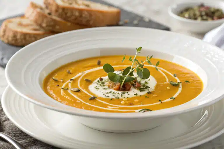 sweet potato carrot soup featured dish plated