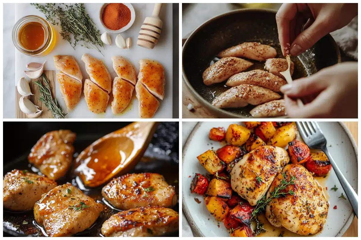 chicken thighs sizzling in a skillet coated with hot honey glaze and spices