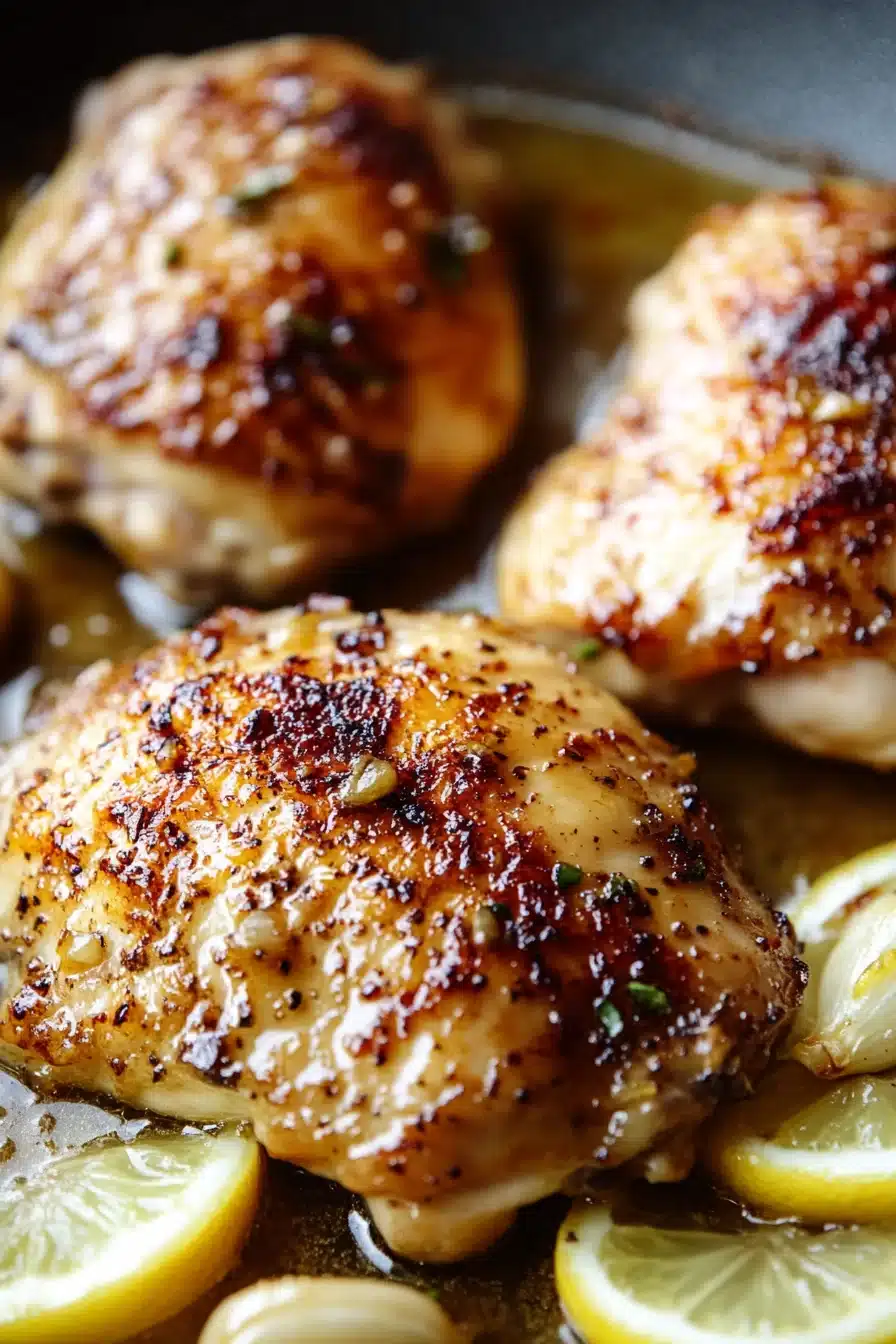 closeup of one pan lemon garlic chicken with golden-brown skin and fresh herbs