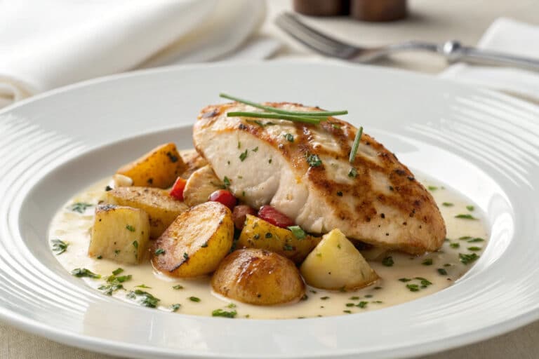 skillet chicken and potatoes featured dish plated