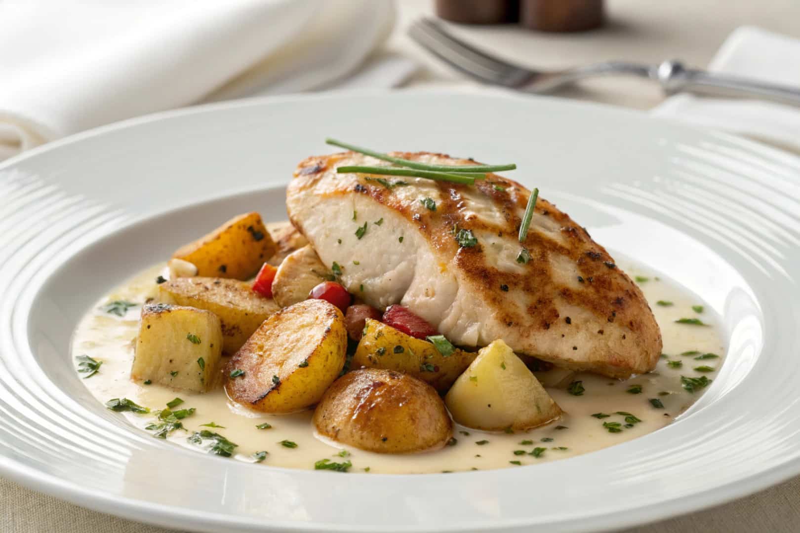 skillet chicken and potatoes featured dish plated