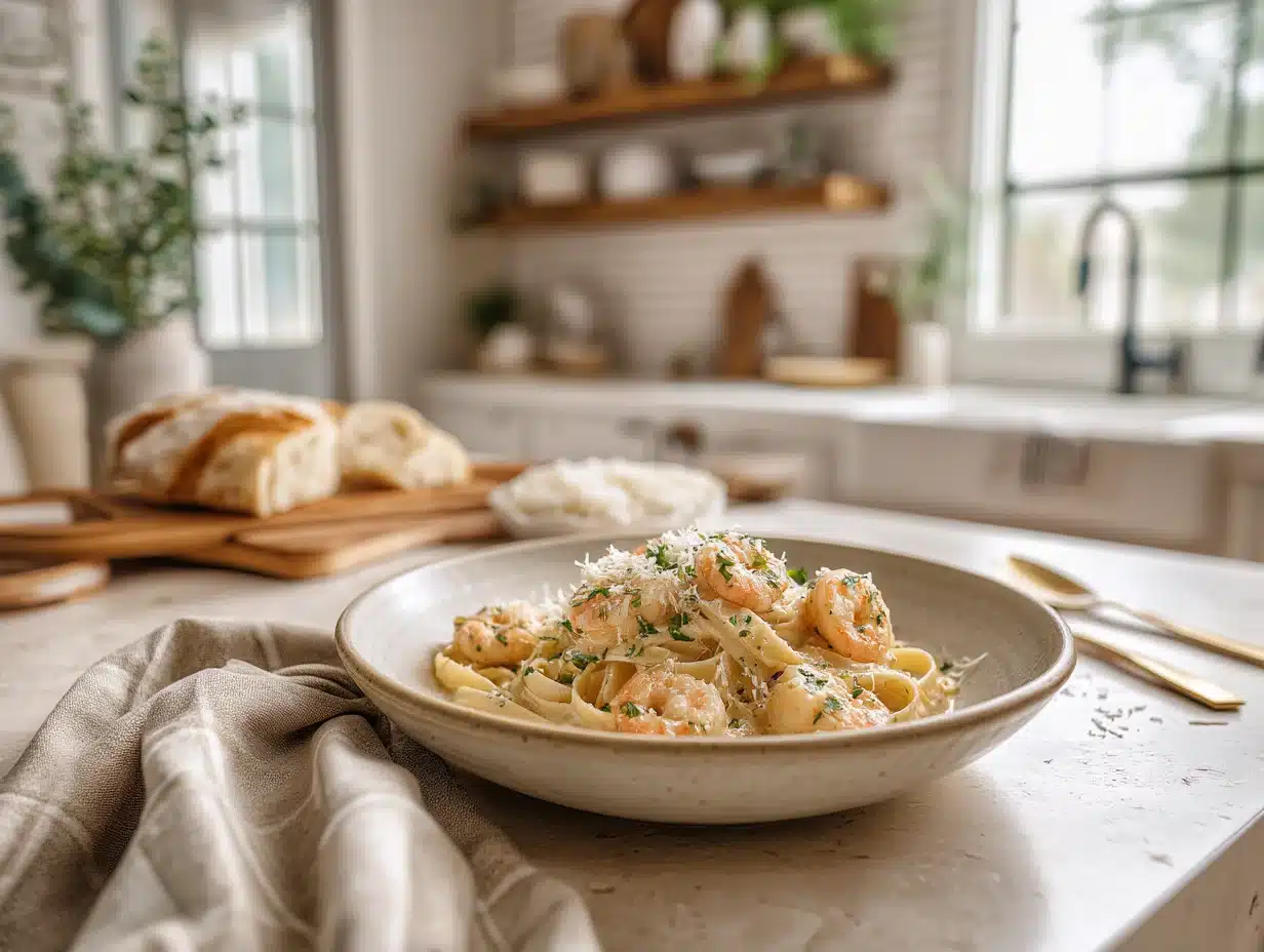 Creamy Garlic Butter Shrimp Pasta served