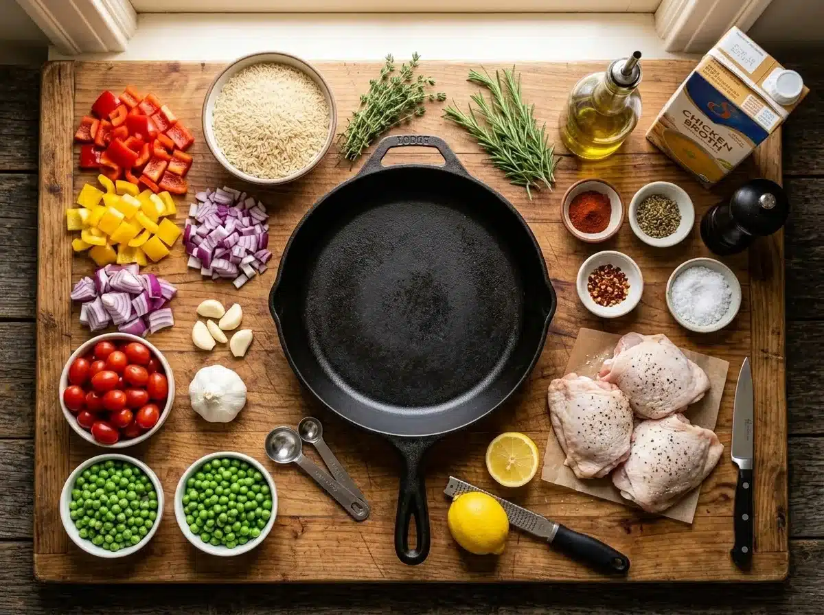 one pan chicken and rice dinner ingredients