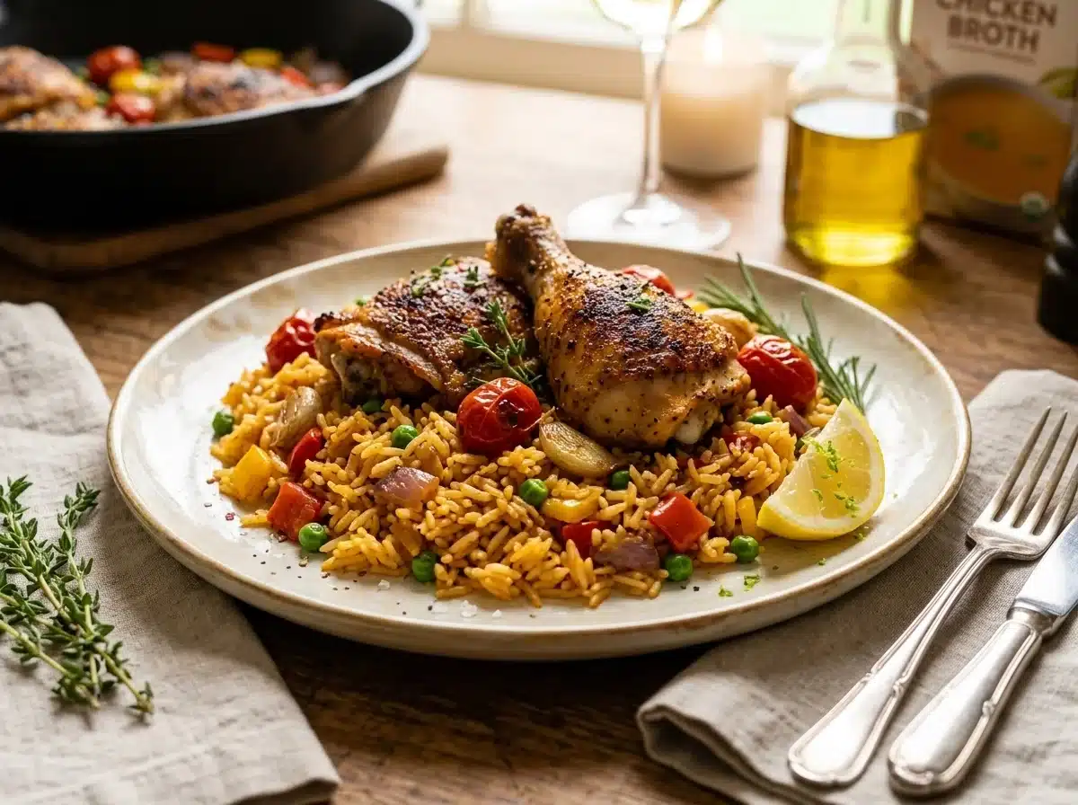 one pan chicken and rice dinner served