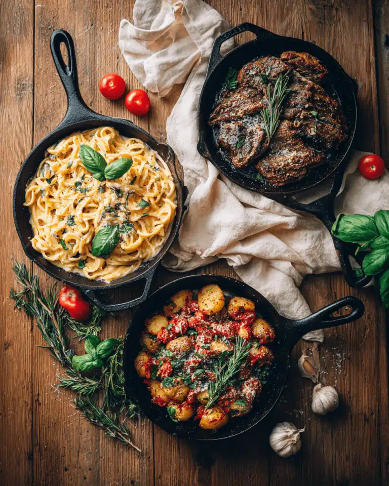 10 easy one pan dinner recipes in a rustic cast iron skillet on a wooden table
