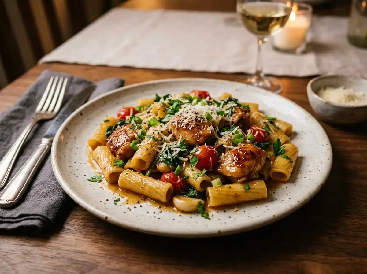 one pan honey garlic chicken pasta served