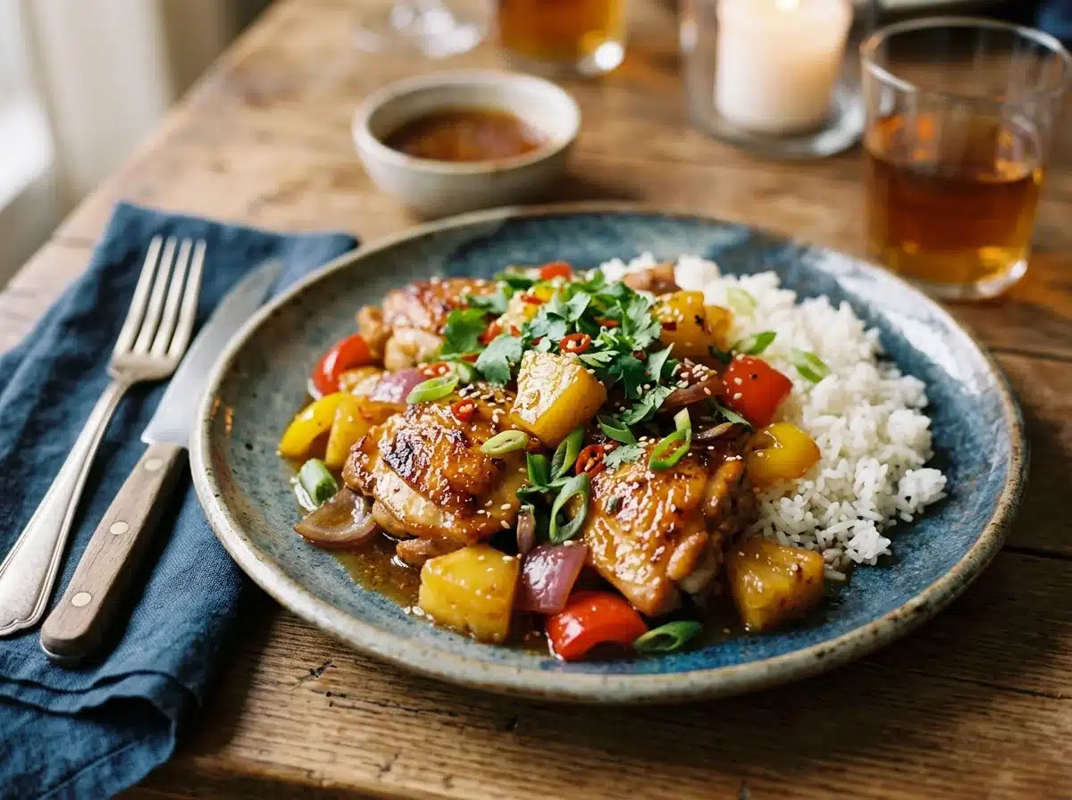 one pan pineapple chicken served