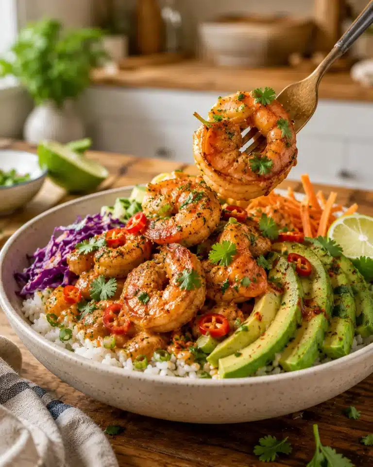 Spicy Shrimp and Avocado Rice Bowl recipe