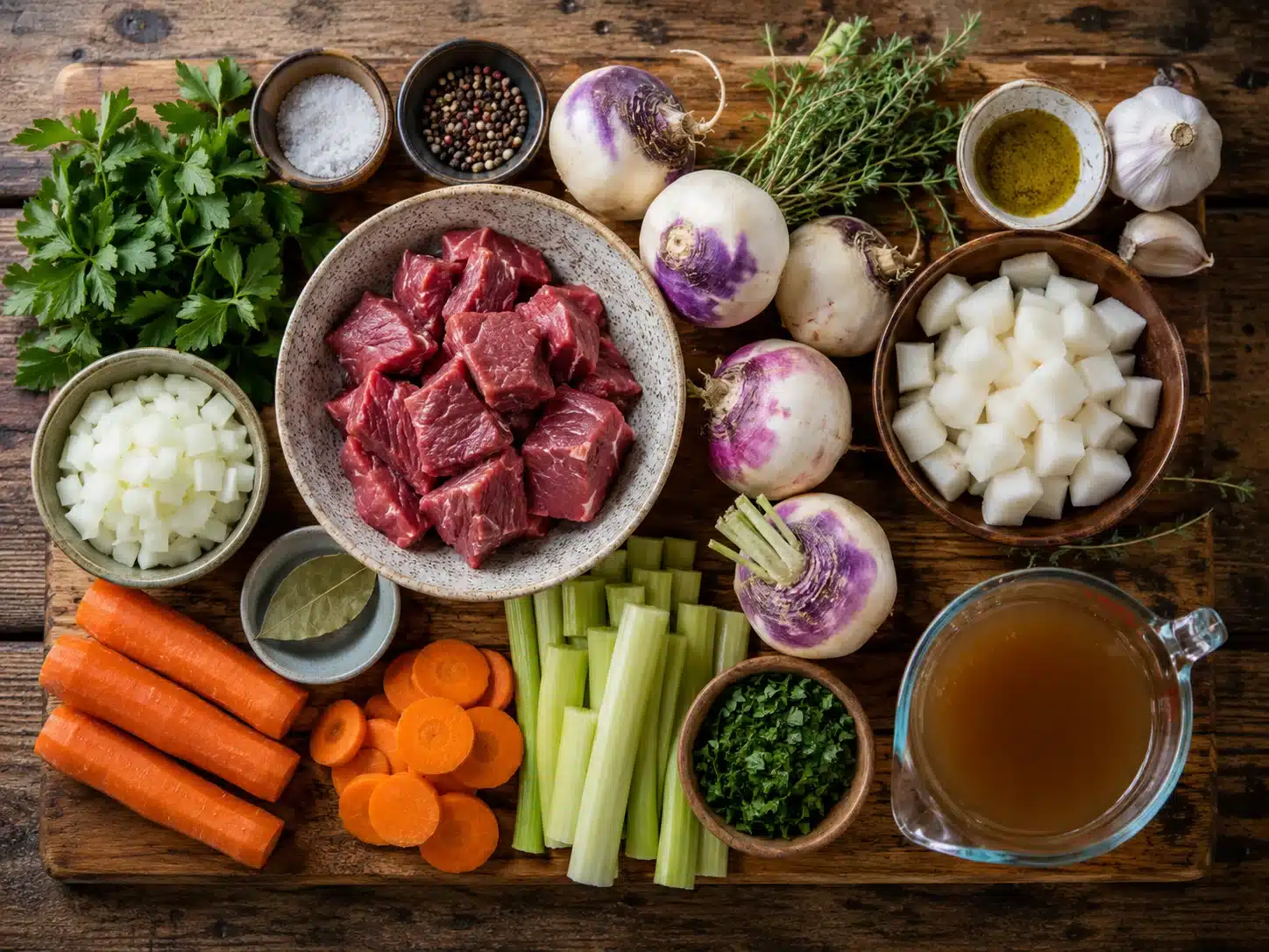 beef turnip soup ingredients laid out on a wooden kitchen counter