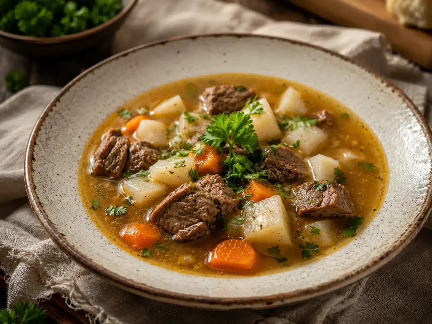 beef turnip soup served in a rustic bowl with crusty bread