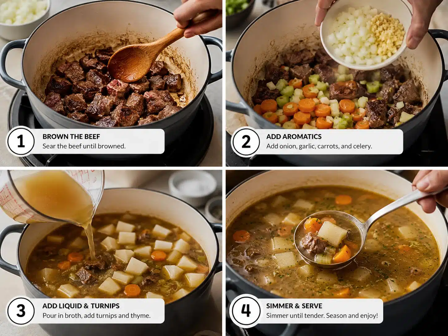 beef turnip soup step by step cooking process in a dutch oven