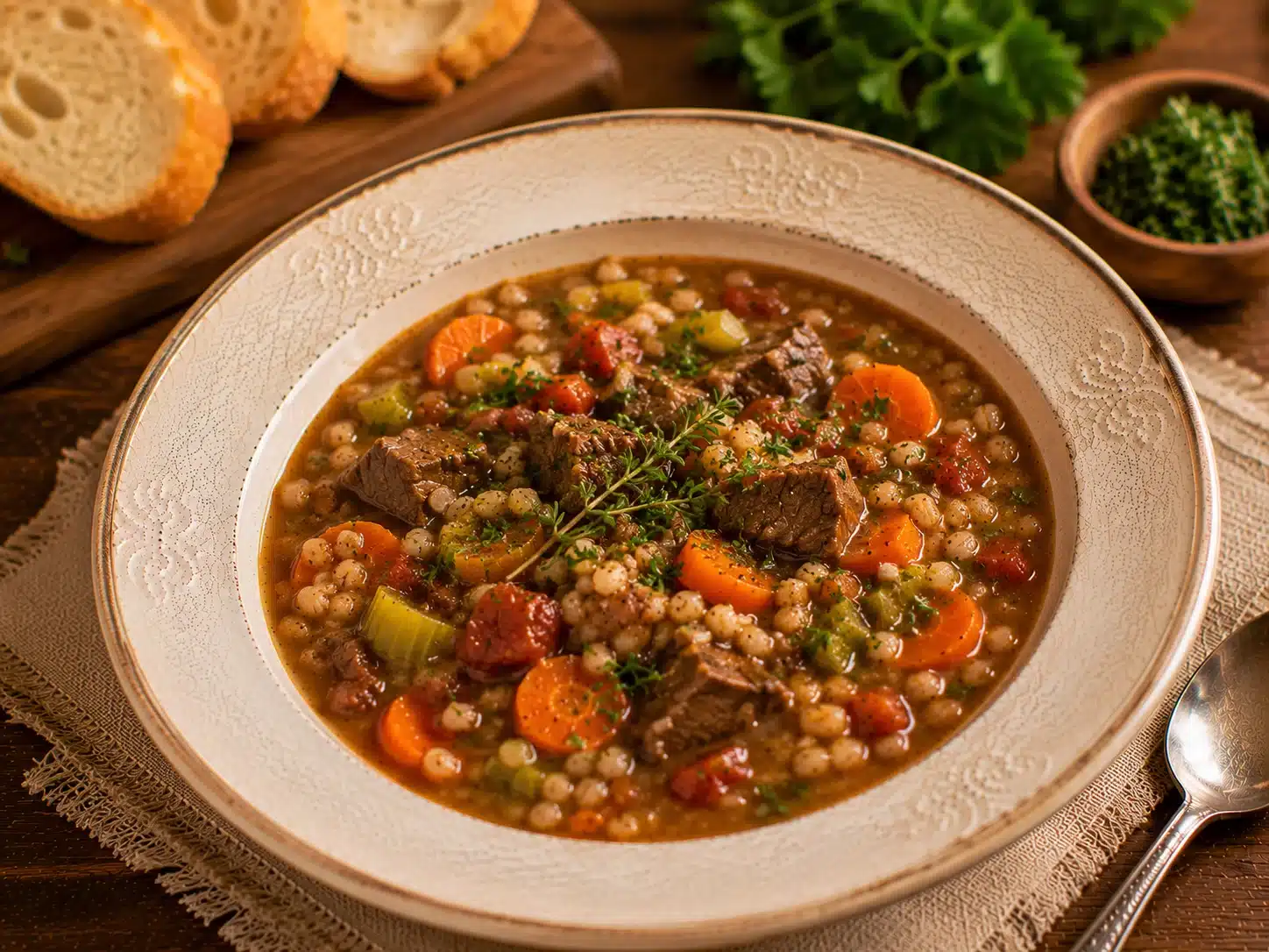 Beef Vegetable Barley Soup served