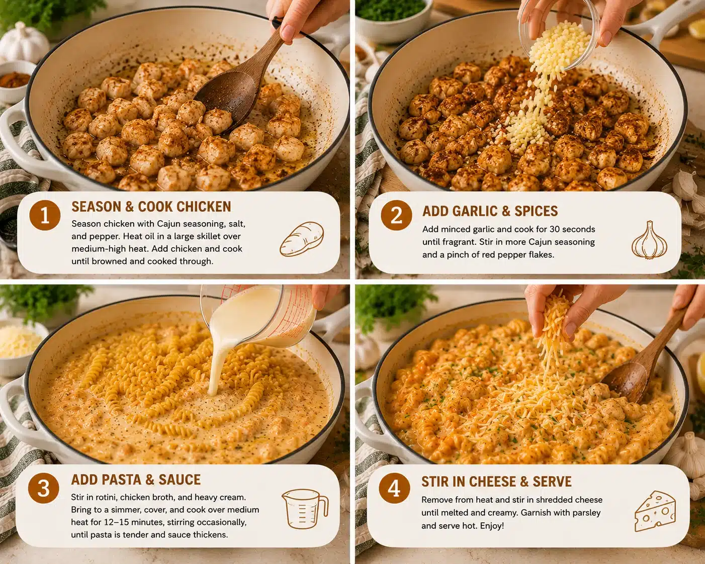 cheesy cajun garlic chicken rotini skillet step by step