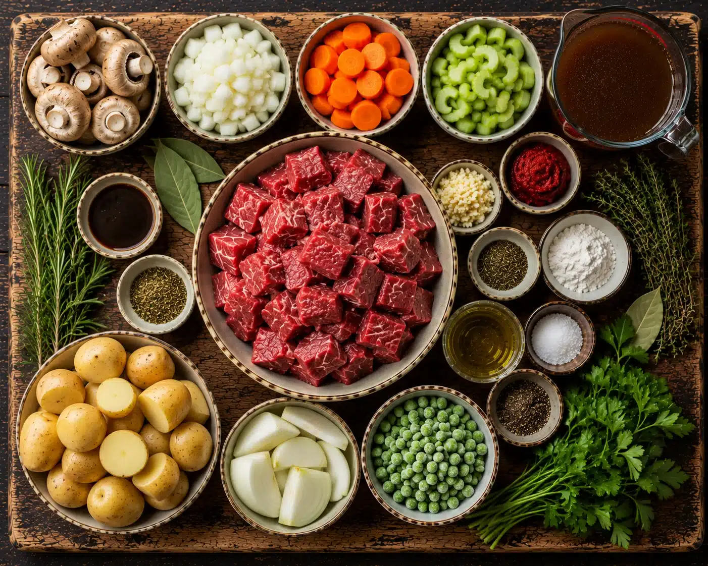 Cozy Beef & Mushroom Stew ingredients laid out on a wooden board