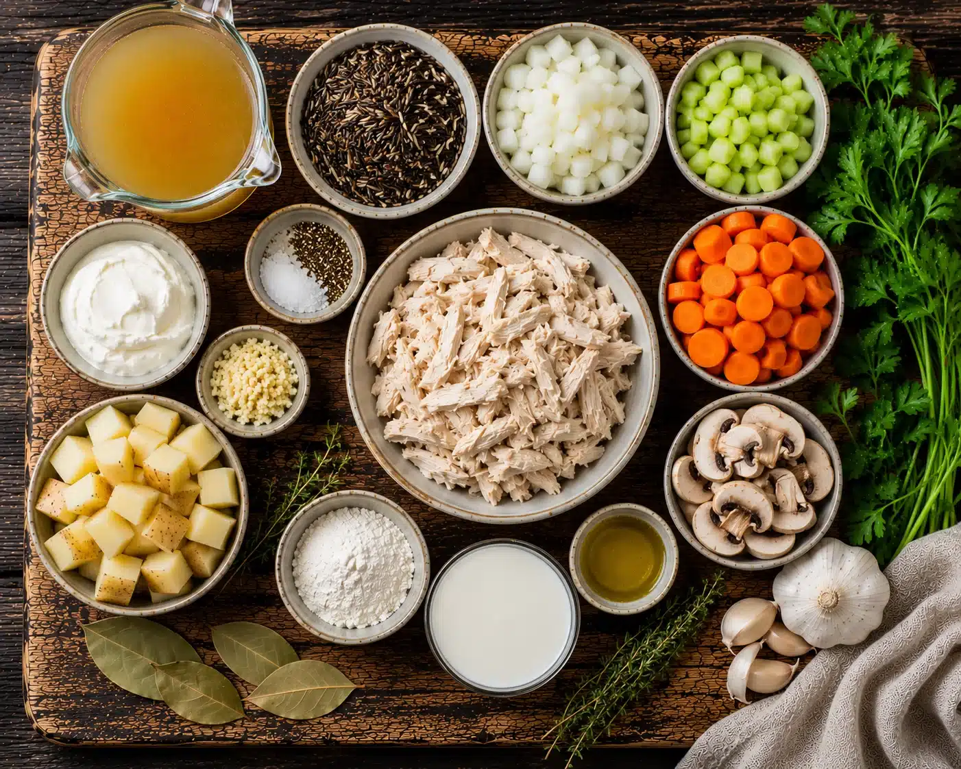 crockpot chicken wild rice soup ingredients laid out on a wooden kitchen counter