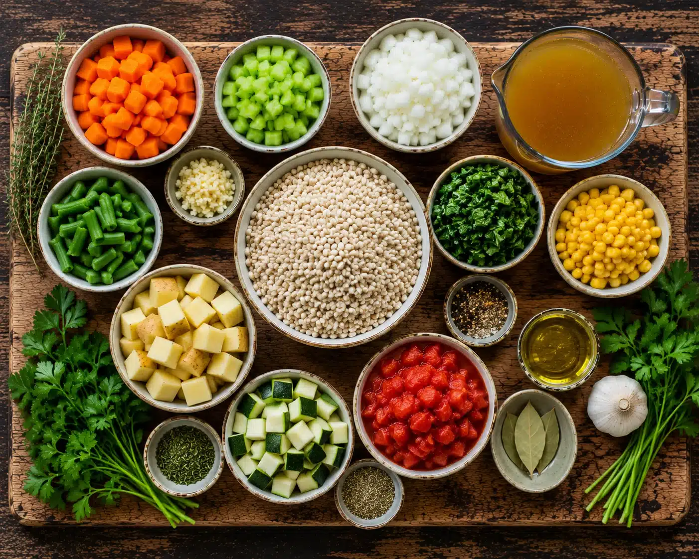 Crockpot Vegetable Barley Soup ingredients laid out on a wooden kitchen counter