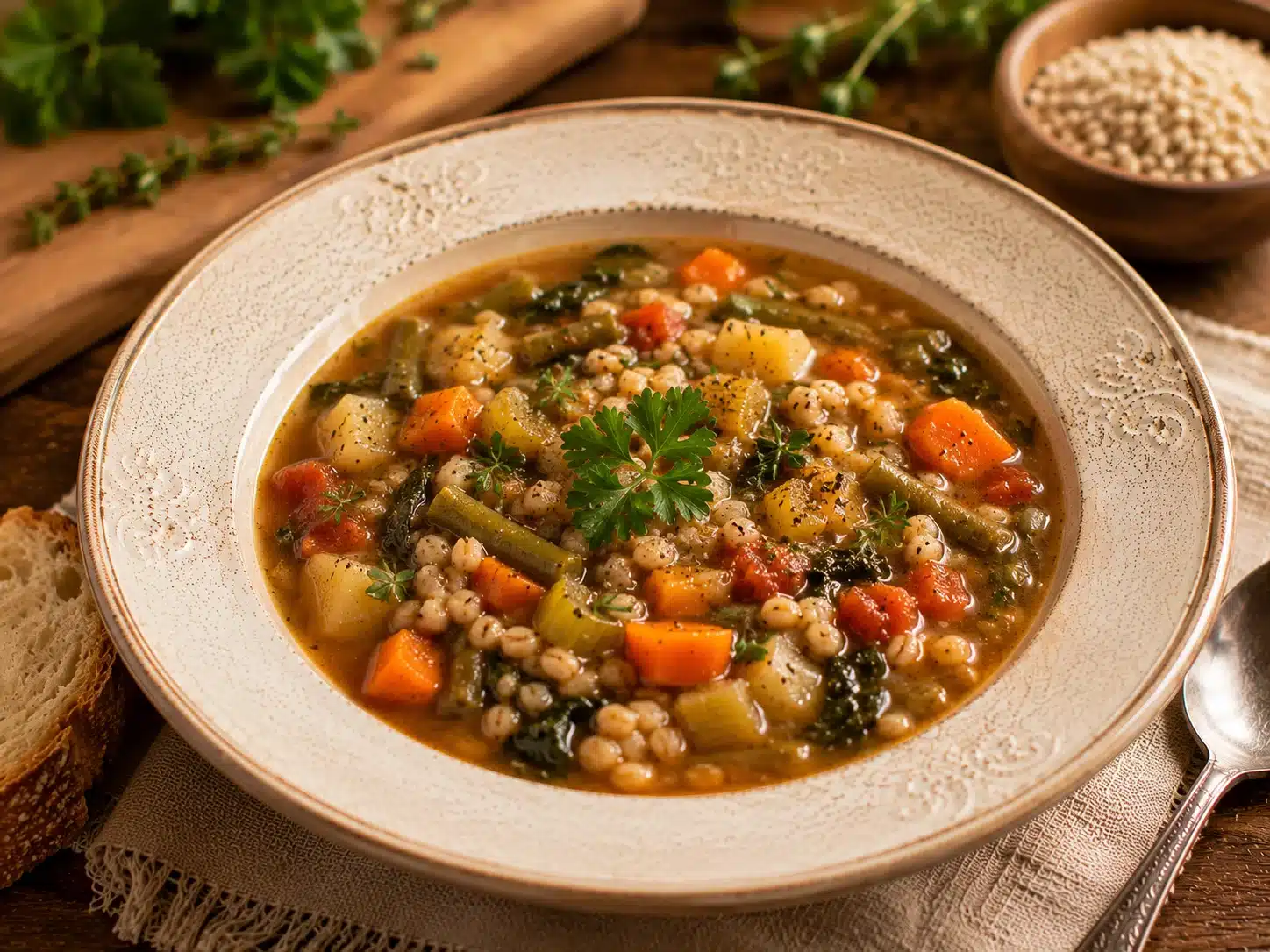 Crockpot Vegetable Barley Soup served in a rustic bowl with fresh parsley