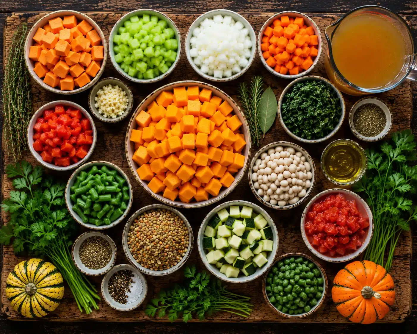 Fall Harvest Vegetable Soup ingredients laid out on a wooden surface