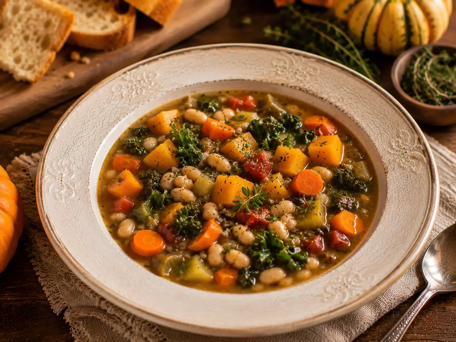 Fall Harvest Vegetable Soup served in a rustic bowl with crusty bread