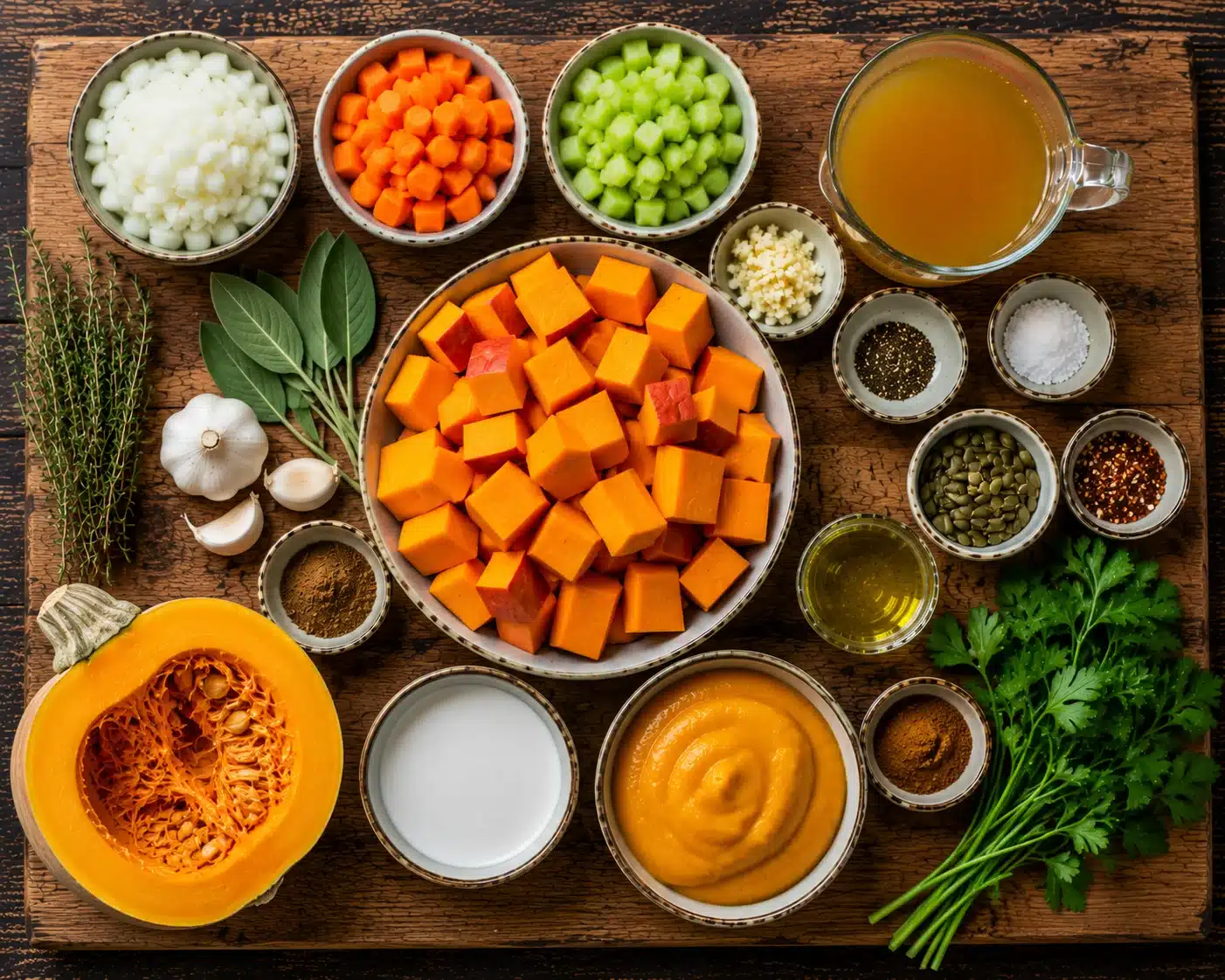 Roasted Pumpkin Soup ingredients laid out on a wooden table