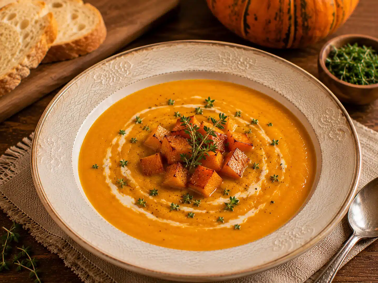 Roasted Pumpkin Soup served with crusty bread and garnish