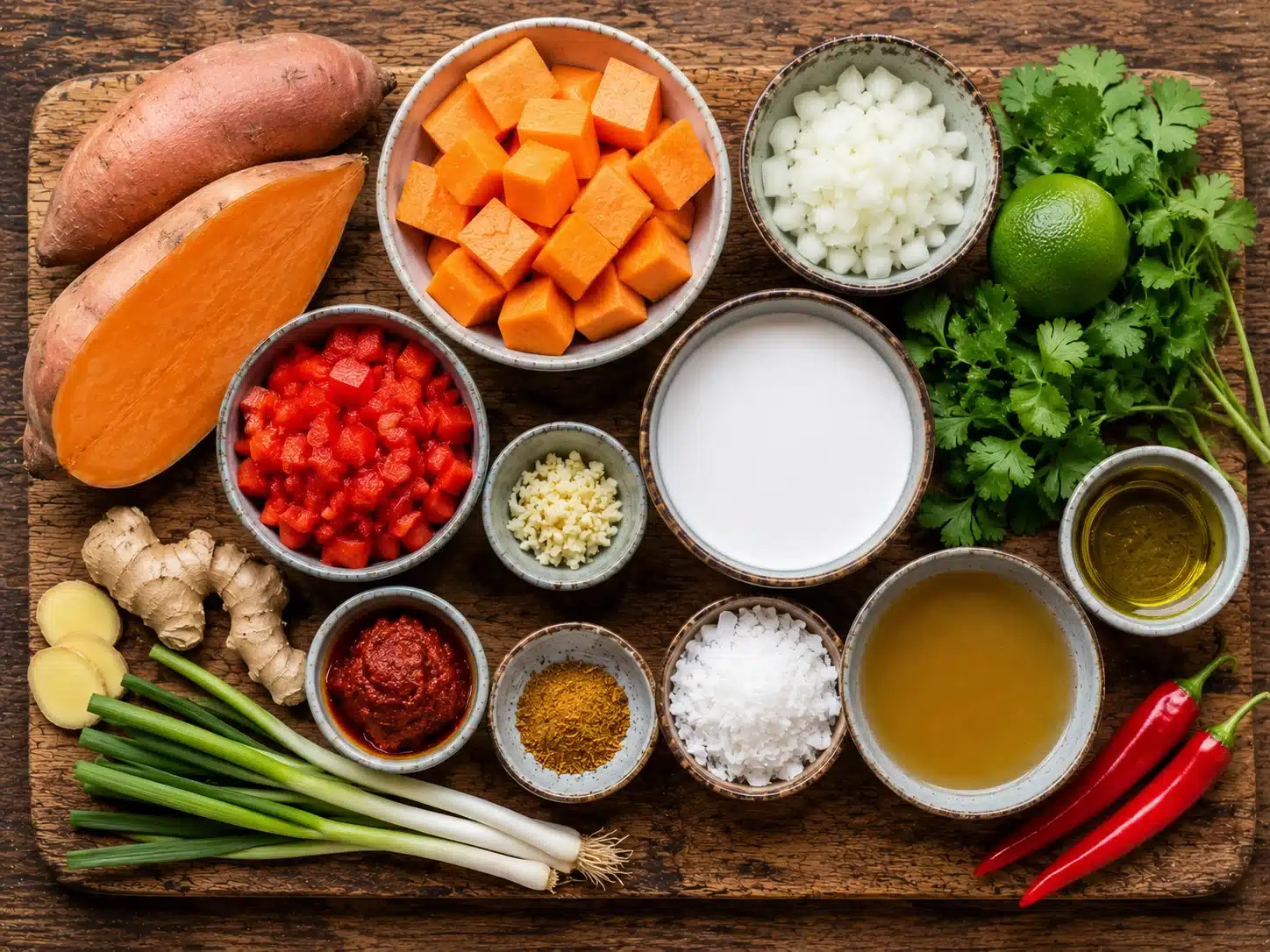 sweet potato coconut soup ingredients laid out on a rustic wooden surface