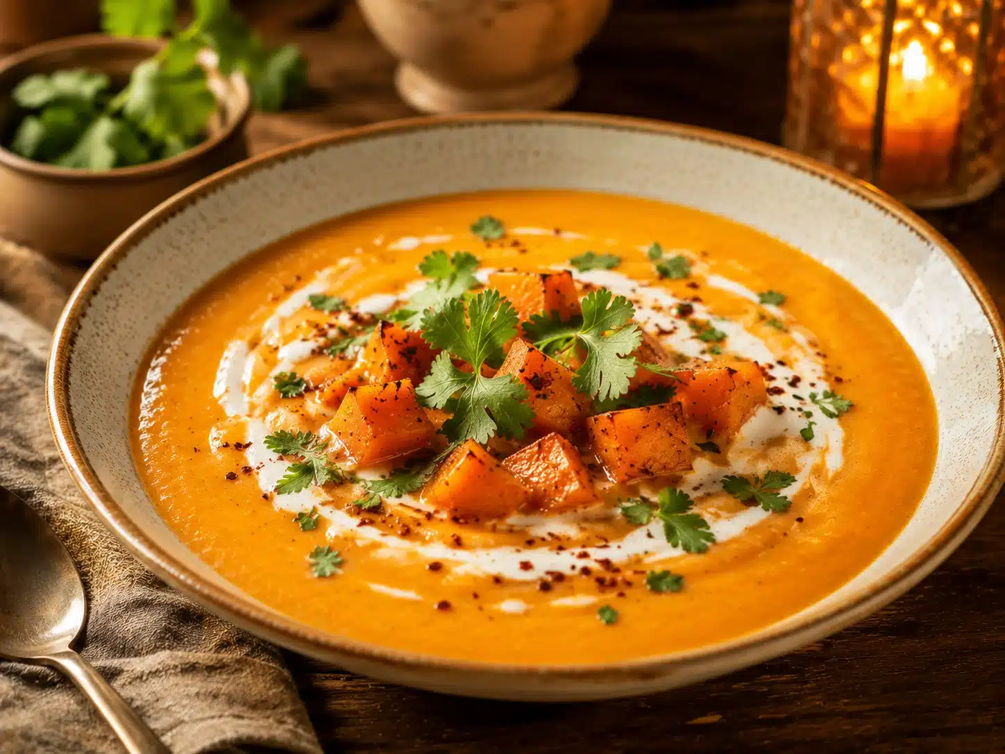 sweet potato coconut soup served in a white bowl with coconut cream swirl and cilantro