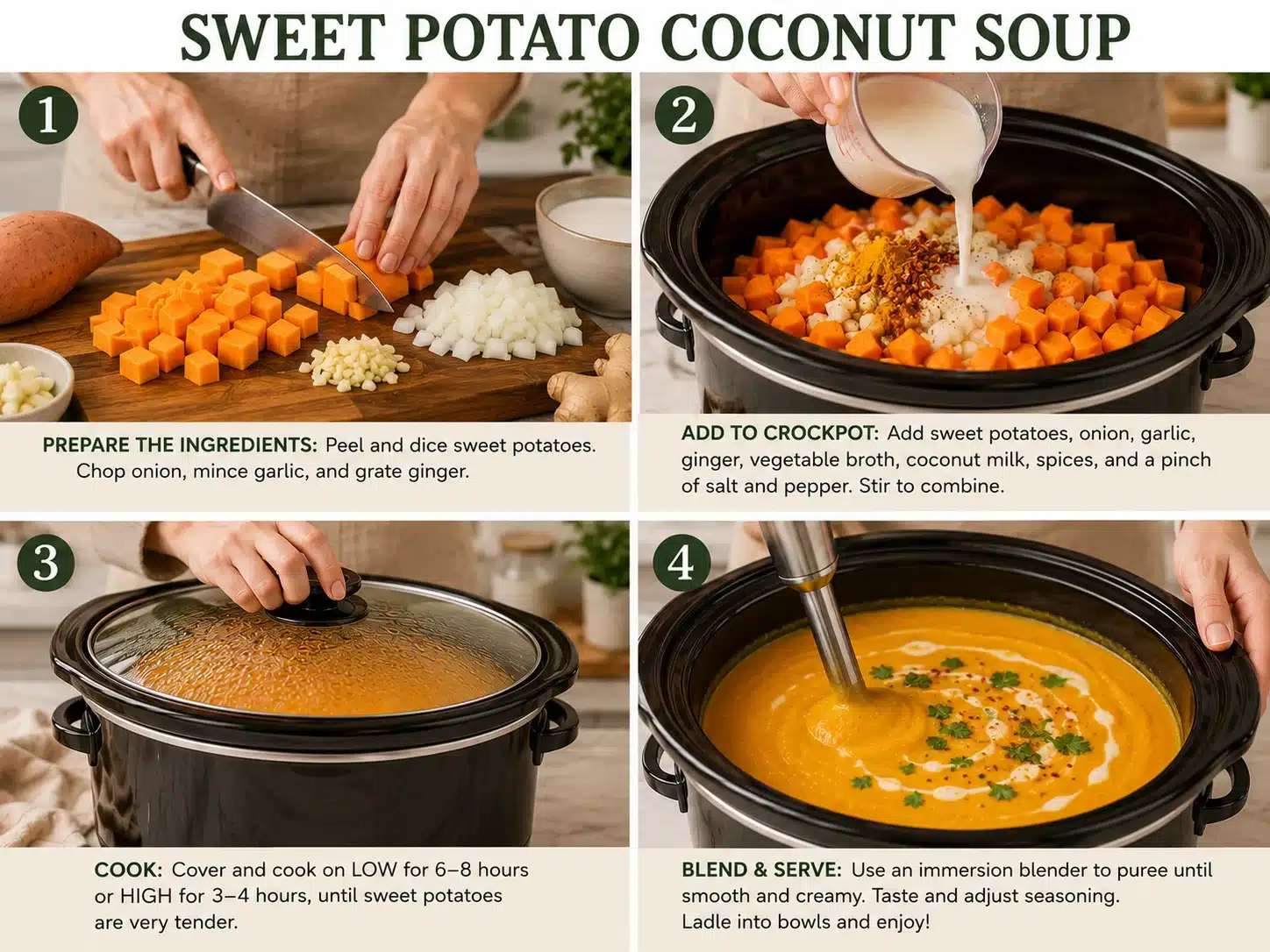 sweet potato coconut soup step by step blending process in a pot