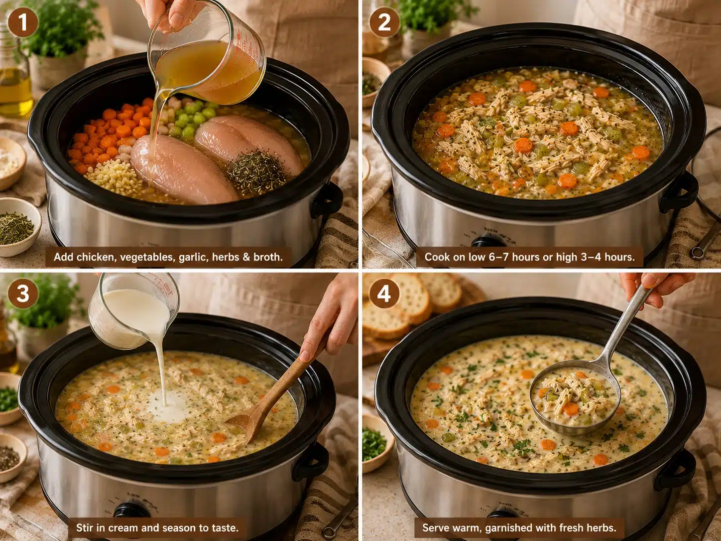Creamy Crockpot Chicken Soup step by step preparation in slow cooker