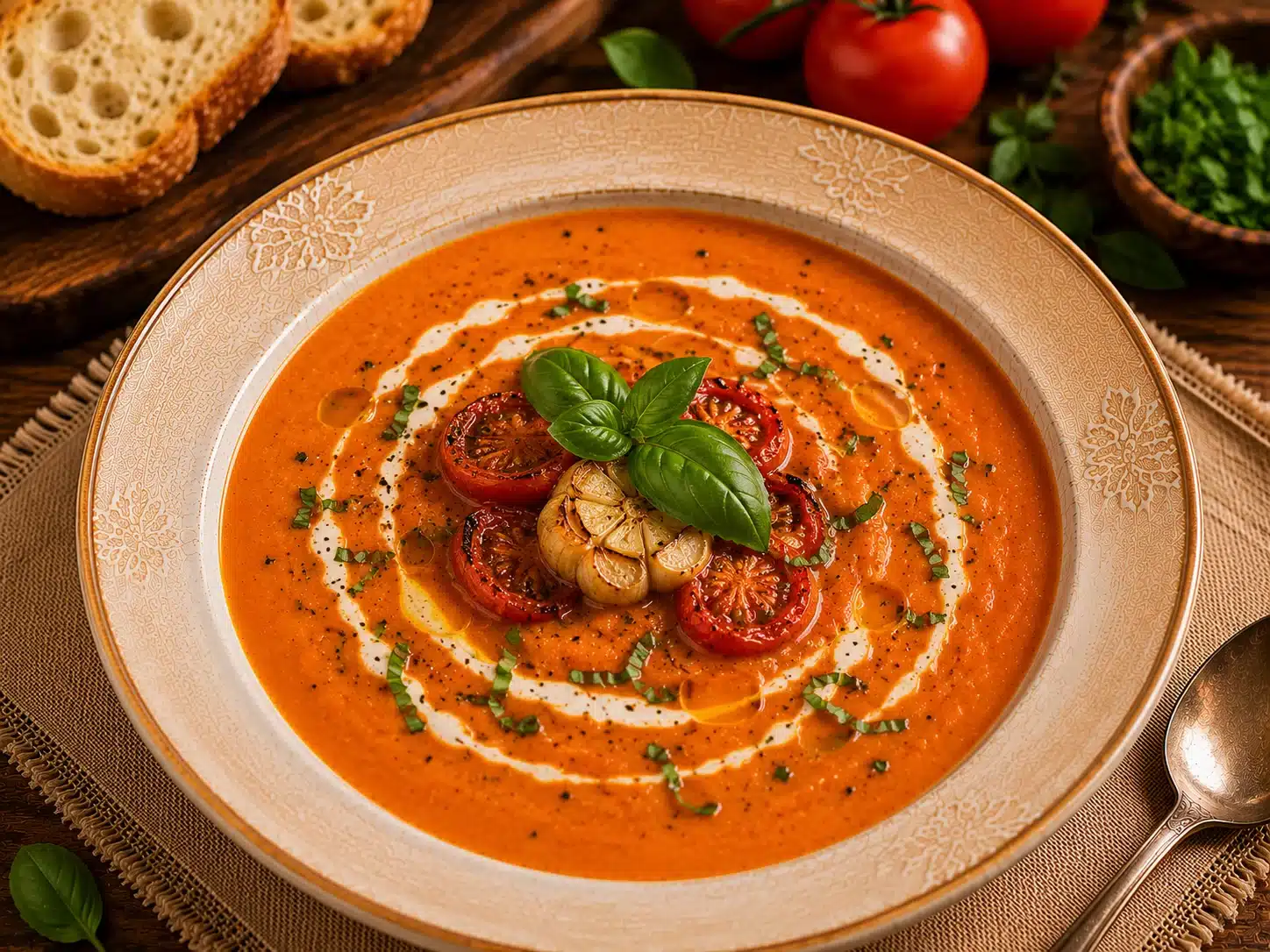 Creamy Roasted Garlic Tomato Soup served