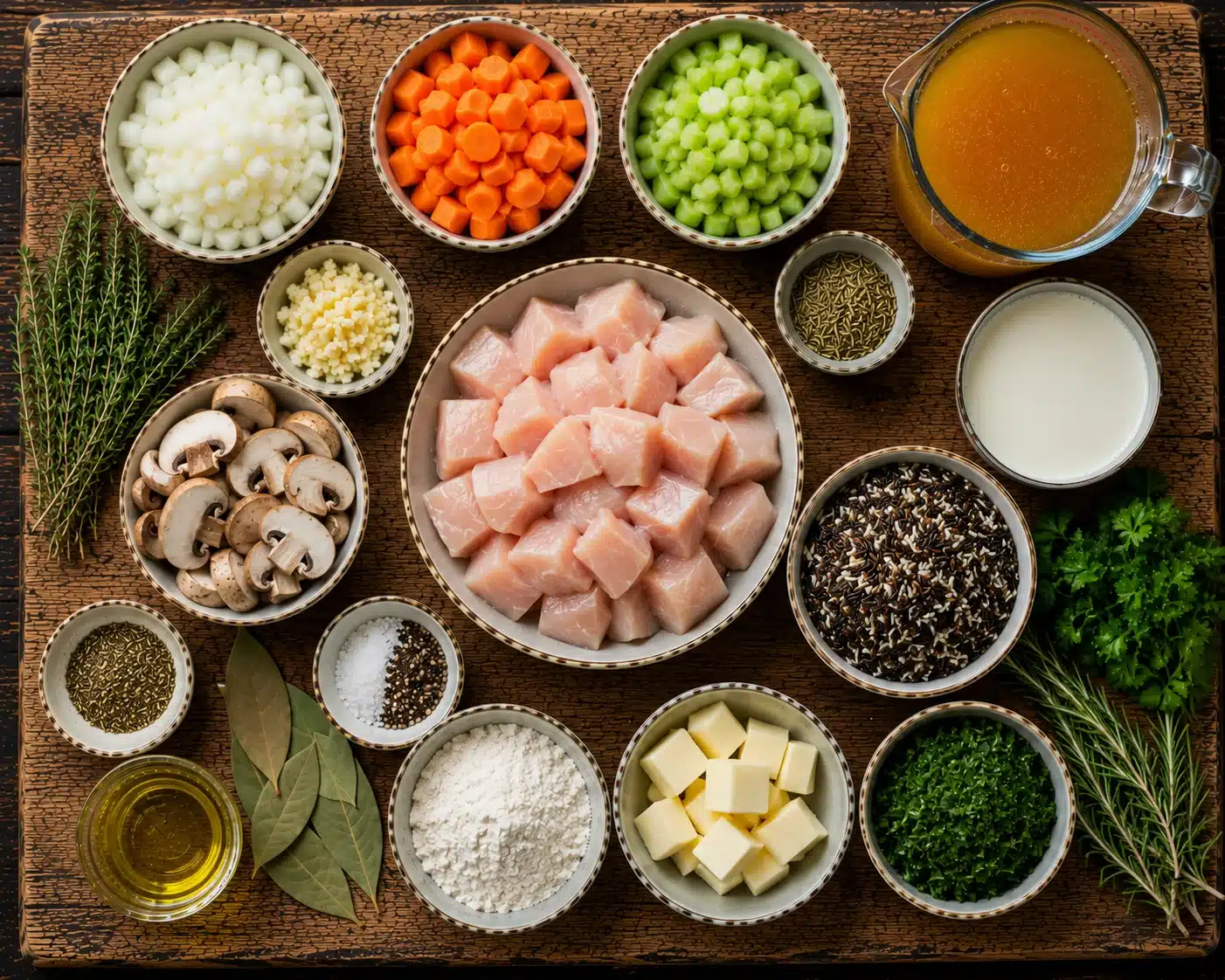 Creamy Wild Rice Chicken Soup ingredients laid out on a wooden surface