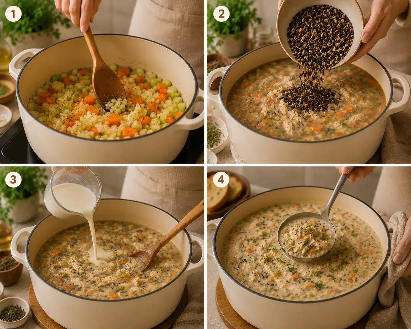 Creamy Wild Rice Chicken Soup step by step cooking process