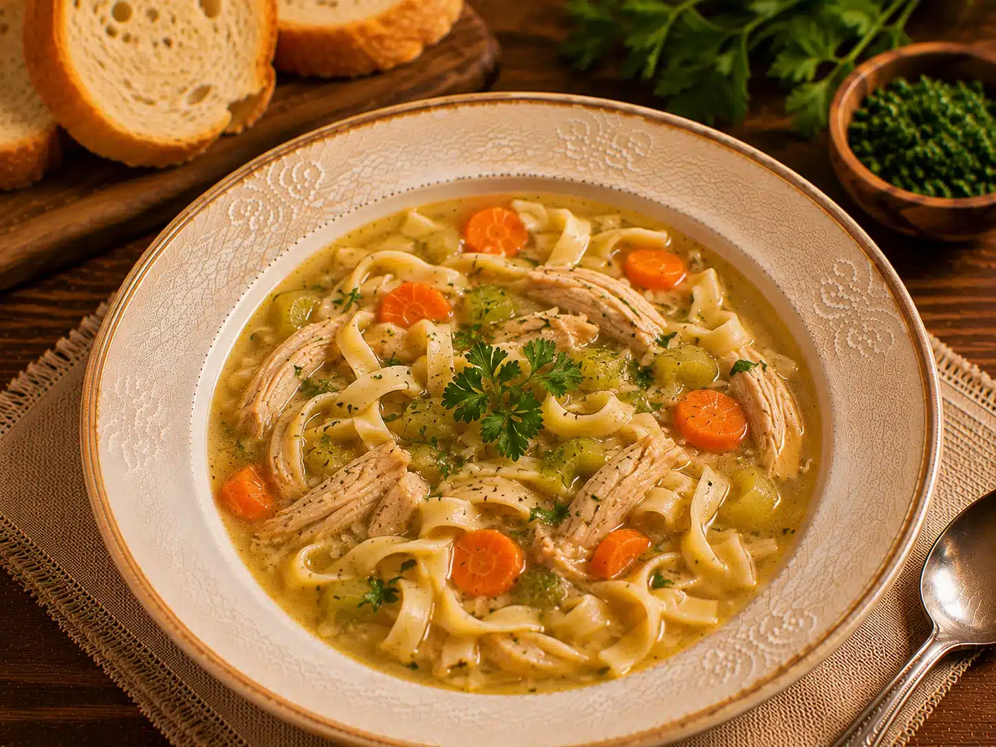 Crockpot Chicken Soup served in a bowl with crusty bread