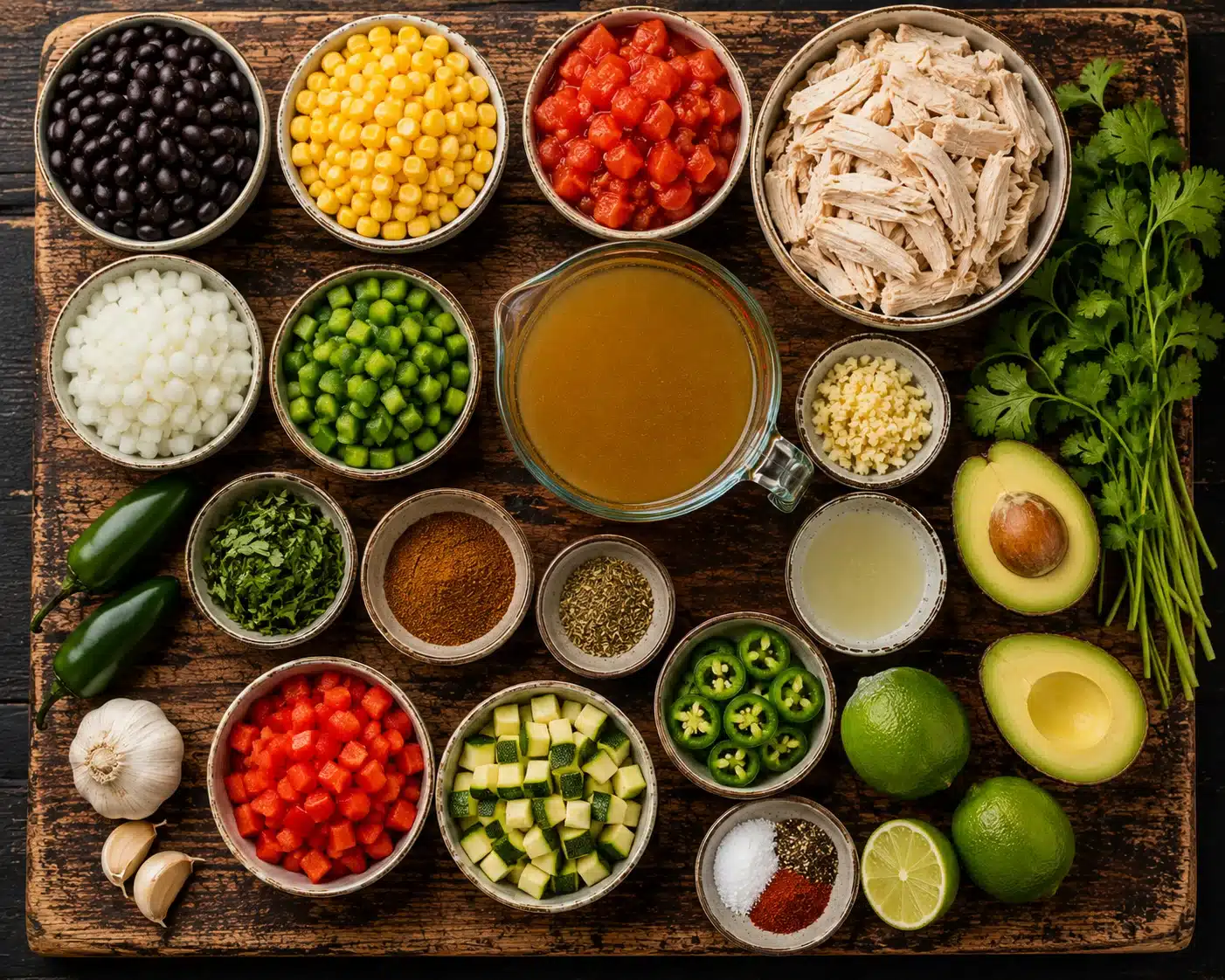 Mexican Chicken Soup ingredients laid out on a wooden kitchen counter