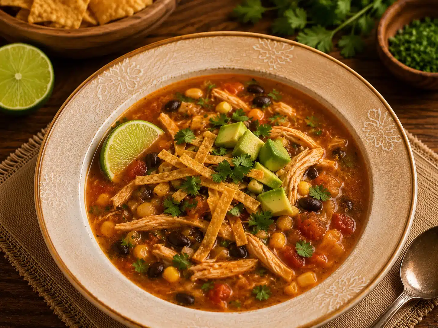 Mexican Chicken Soup served in a rustic bowl with avocado and tortilla strips