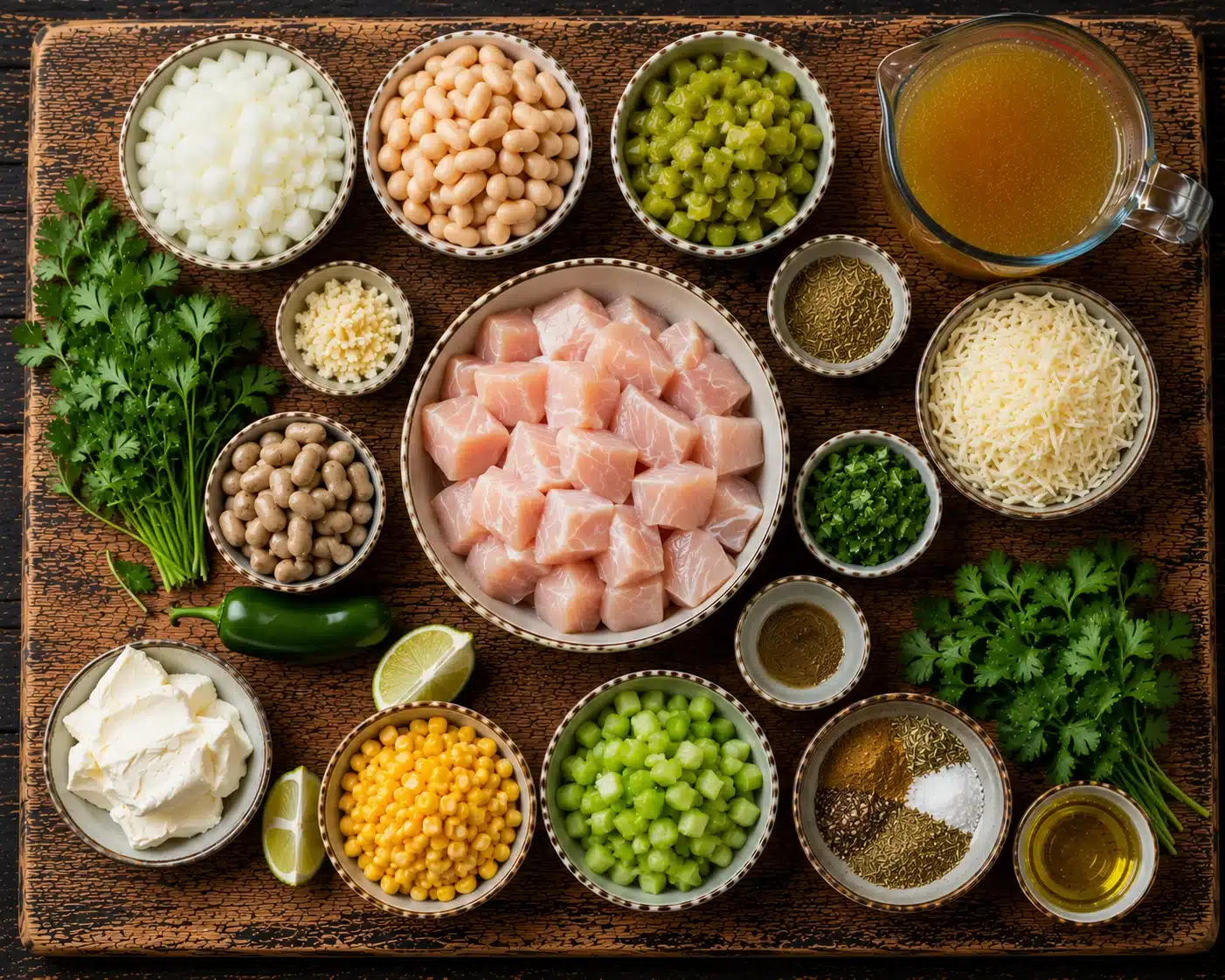 Slow Cooker White Chicken Chili ingredients laid out on a wooden countertop