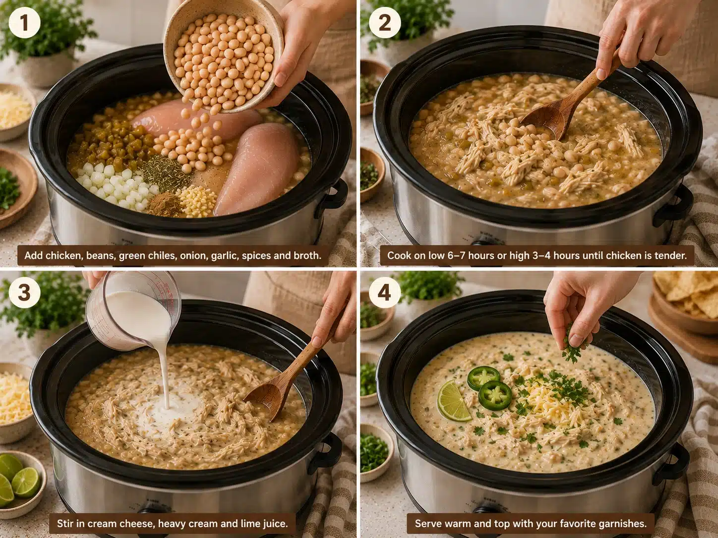 Slow Cooker White Chicken Chili step by step preparation in a crockpot