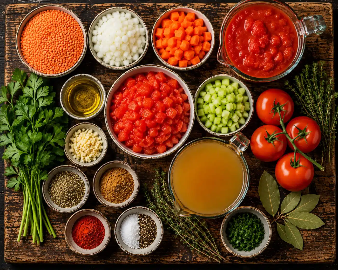 Tomato Lentil Soup ingredients laid out on a wooden counter