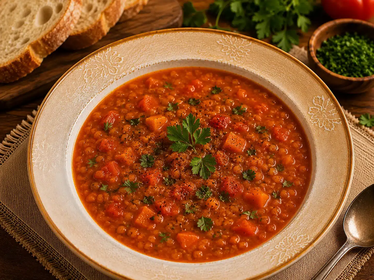 Tomato Lentil Soup served in a rustic bowl with crusty bread